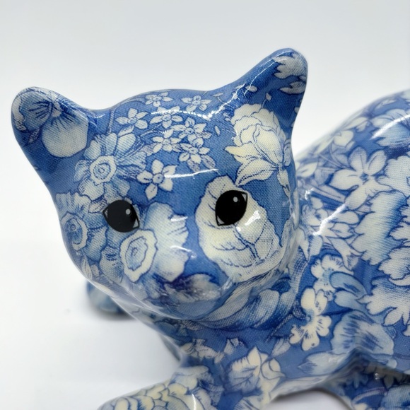 Joan Baker Porcelain Patchwork Vintage Decoupage Blue Floral Ceramic Cat Figure - Picture 9 of 13
